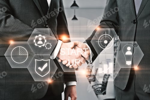 Preview: Handshake With Abstract Business Projection. Teamwork And Hud Concept