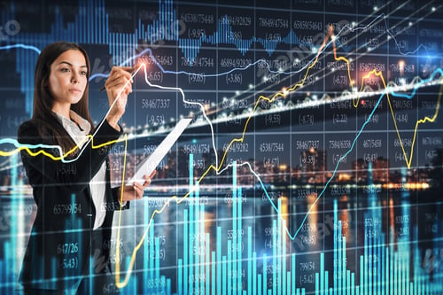 Preview: European Businesswoman With Document In Hand Using Creative Forex Chart Interface On Blurry