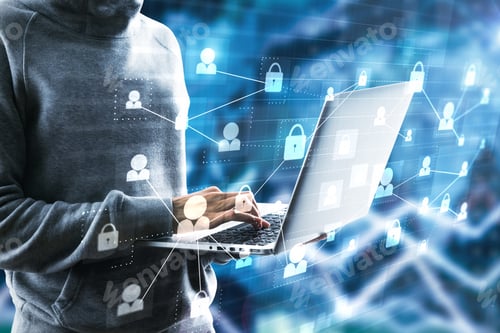 Preview: Hacker Using Laptop With Digital Interface On Blurry Interior Background. Malware And Theft