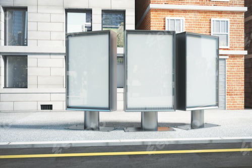 Preview: Blank White Billboards On City Street At Sunrise, Mock Up 3D Render