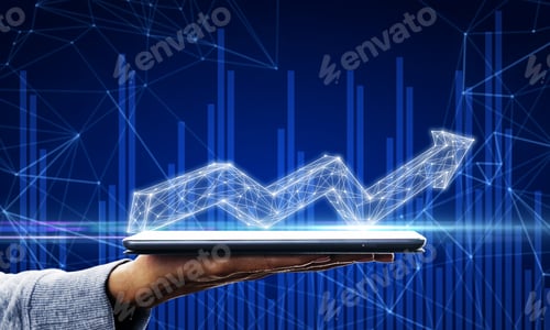 Preview: Hand Holding Tablet With Abstract Glowing Polygonal Arrow On Blue Background With Charts. Growth