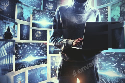 Preview: Unrecognizable Hacker Using Laptop Computer With Abstract Digital Business Picture Interface