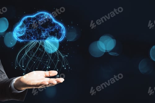 Preview: Close Up Of Businessman Hand Holding Glowing Blue Digital Cloud With Binary Code On Dark Blurry