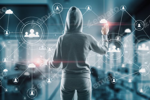 Preview: Hacker Using Glowing Human Resource Interface On Virtual Screen. Communication And Malware Concept.