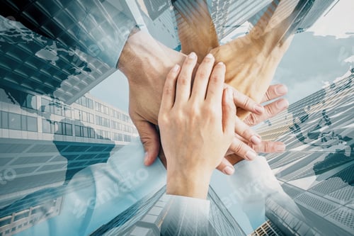 Preview: Team Hands On Creative City Background With Map. Teamwork And Global Concept. Double Exposure