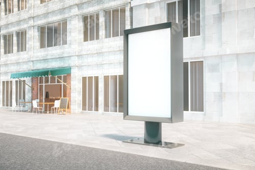 Preview: Blank Ad Banner With Concrete Building And Cafe In The Background. Mock Up, 3D Render