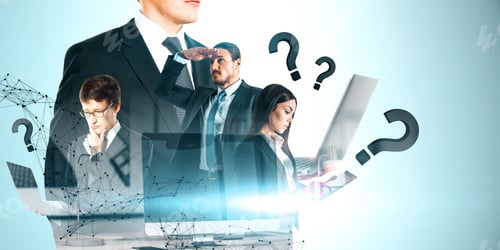 Preview: Attractive Young European Businesspeople With Polygonal Mesh, Devices And Question Marks On Blue