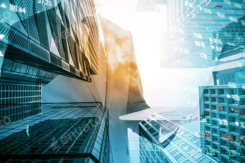 Preview: Unrecognizable Businessman Using Laptop On Abstract City Background. Success And Communication