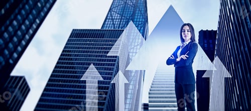 Preview: Portrait Of Attractive Young European Businesswoman On Abstract Panoramic City Background With