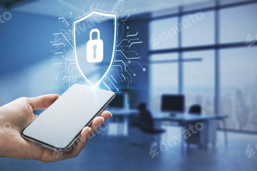 Preview: Close Up Of Hand Holding Smartphone With Glowing Padlock Hologram In Blurry Office Interior