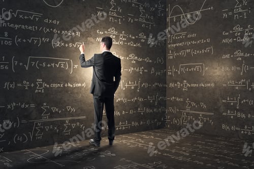 Preview: Back View Of Young Businessman In Concrete Corner With Mathematical Formulas. Complex Algorithm And