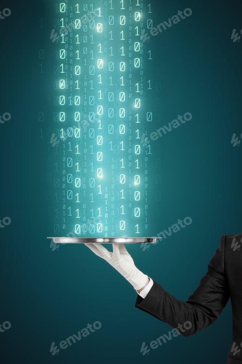 Preview: Hand Holding Tray With Abstract Binary Code Stream On Blue Backdrop. Technology And Computing