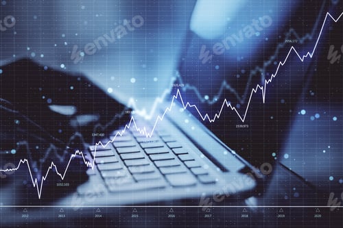 Preview: Close Up Of Hands Using Laptop With Forex Chart. Network And Trade Concept. Double Exposure