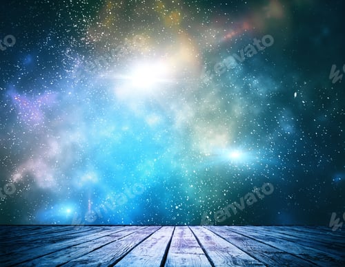 Visualização: Palco espacial criativo com piso de madeira e parede de céu estrelado