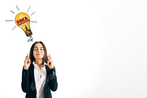 Preview: Portrait Of Attractive Young European Businesswoman With Crossed Fingers And Lamp Sketch On White