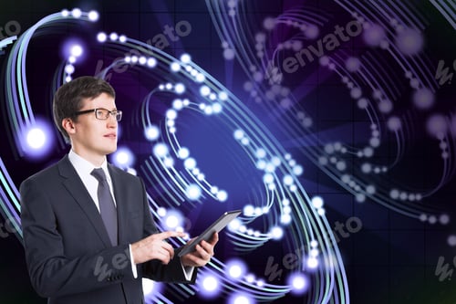 Preview: Attractive Young European Businessman Using Smartphone With Creative Circular Light Background