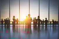Preview: Backlit Crowd Of Businesspeople Working Together In Office Interior With Sunlight. Teamwork And