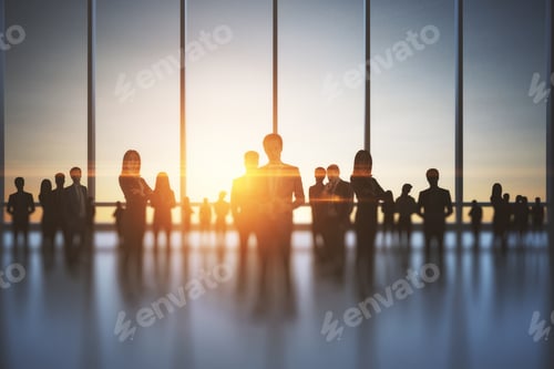 Preview: Backlit Crowd Of Businesspeople Working Together In Office Interior With Sunlight. Teamwork And