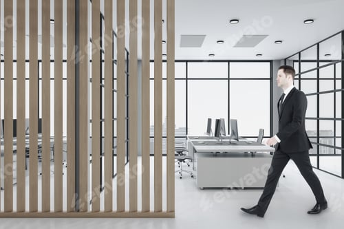 Preview: Businessman Walking In Wooden Manager'S Office With Computers On Table And City View. Workplace And