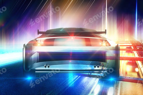 Preview: Abstract Blurry Colorful Image Of Sports Car On Road. Creartive Background. Double Exposure