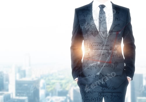 Preview: Businessman On Abstract City Background With Copyspace And Mathematical Formulas. Success And