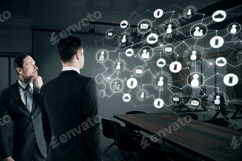 Preview: Young European Businessmen Looking At Creative Social Network Interface On Blurry Office Interior