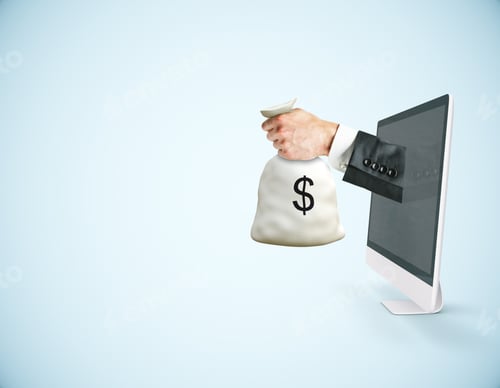 Preview: Abstract Image Of Businessman Handing Money Sack Through Computer Screen On Blue Background