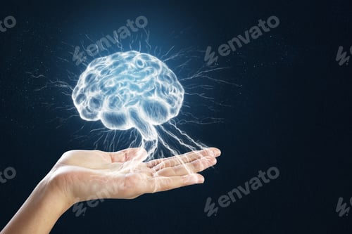 Preview: Hand Holding Digital Brain On Blue Background. Science Concept