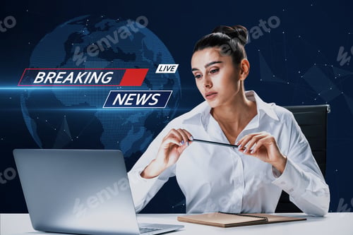Preview: Portrait Of Attractive Young European Busiess Woman At Desktop With Laptop On Blurry Blue Breaking