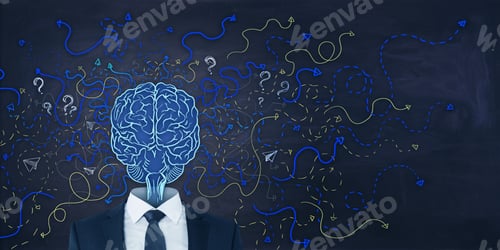 Preview: Abstract Businessman With Brain Head On Chalkboard Wall Wallpaper With Arrows And Thought Icons