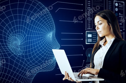 Preview: Portrait Of Young European Businesswoman Using Abstract Glowing Head Outline Interface On Dark