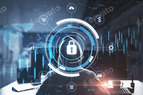 Preview: Back View Of Hacker At Desktop Using Computers With Glowing Blue Padlock Hologram With Forex Chart