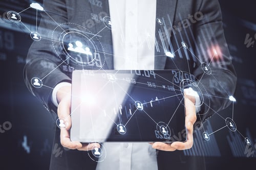 Preview: Businessman Holding Digital Tablet With Global Social Network Interface And Glowing Stock Chart
