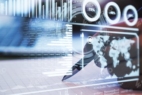 Vista previa: Holo Trading Charts, Hand Holding A Pen In The Background, Business Concept, Double Exposure