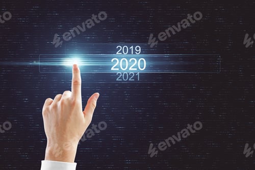 Preview: Hand Pointing At Glowing Digital 2020 Touchscreen. Future And Innovation Concept