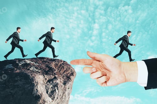 Preview: Businessmen Running To Hand From Cliff. Team And Connection Concept