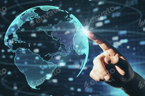 Preview: Hand Using Glowing Globe With Digital Business Interface. Global Business And Media Concept. 3D