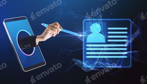 Preview: Close Up Of Smartphone Businesswoman Hand Using Digital Pencil Hologram To Draw Polygonal Online