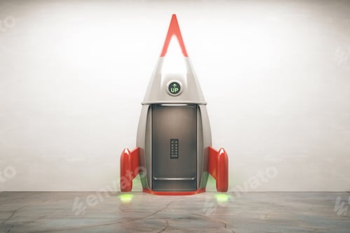 Preview: Success Concept With Open Door Of Rocket Elevator. 3D Render