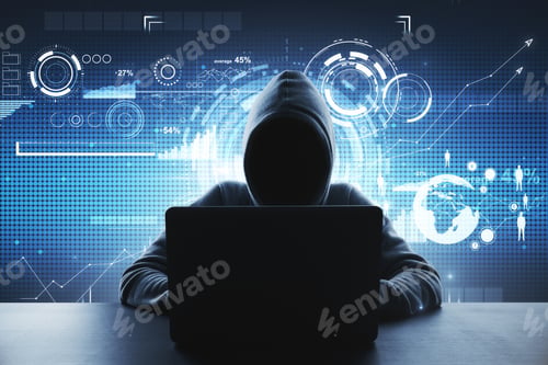 Preview: Hacker At Desk Using Computer With Glowing Interface. Hacking And Malware Concept