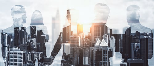 Preview: Businesspeople On Abstract City Background With Sunlight. Teamwork And Communication Concept