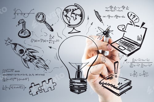 Preview: Hand Drawing Business Sketch On Gray Background. Idea And Startup Concept