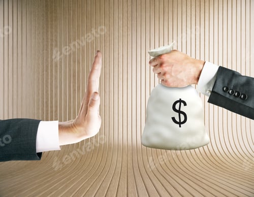 Preview: Hand Saying No To Money Bag On Wooden Background. Stop Corruption Concept