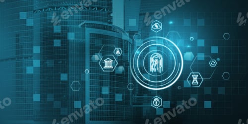 Visualização: Abstract Glowing Id Fingerprint Web Protection And Security Interface On Blurry Blue Bokeh City