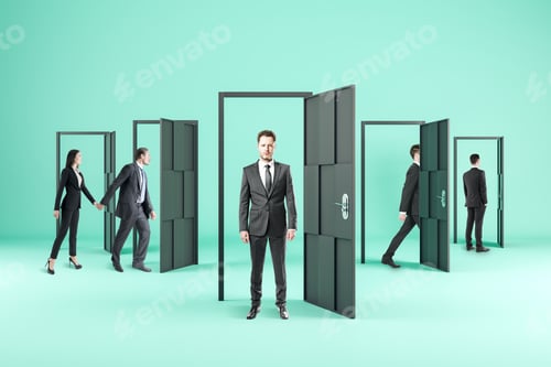 Preview: Opportunity, Teamwork And Occupation Concept. Businesspeople In Abstract Interior With Doors.