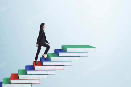 Preview: Businesswoman Climbing Book Pile Ladder. Sky Background. Education And Career Concept