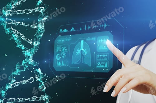 Preview: Close Up Of Female Doctor Hands Pointing At Glowing Helix Dna Hologram And Futuristic Hud On Blurry