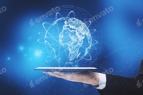 Preview: Close Up Of Businessman Hand Holding Tablet With Abstract Glowing Globe Hologram On Blurry Blue