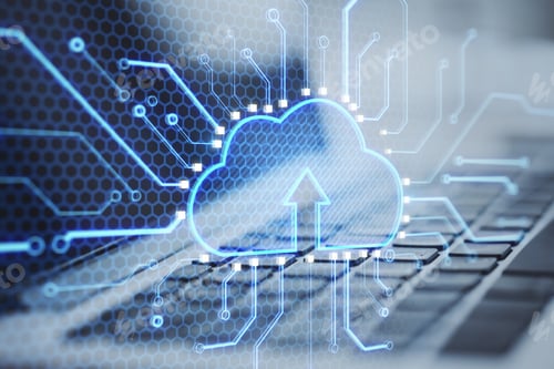 Preview: Close Up Laptop Keyboard With Abstract Glowing Cloud And Chip Interface On Blurry Background. Cloud