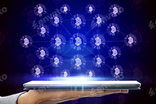 Preview: E-Commerce And Mobile Banking Concept. Close Up Of Hand Holding Tablet With Glowing Bitcoin